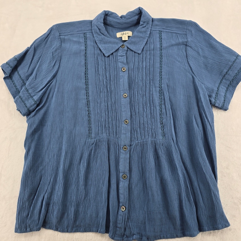Style & Co Blouse Womens PXL Shirt Blue Pintuck Crochet Lace Button Front s/s